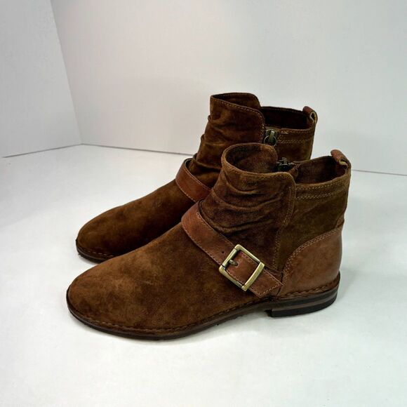 Trask Naomi Suede Brown Ankle Boots Low Cut Booties Buckle Leather Comfy NWOT - Picture 2 of 12